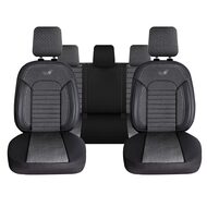 Set Huse Scaune Auto Panda Belek, material textil cu piele ecologica, cu fermoare pentru bancheta rabatabila, gri inchis cu negru, 11 piese