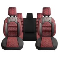 Set Huse Scaune Auto Panda Kas, material textil cu piele ecologica, cu fermoare pentru bancheta rabatabila, visiniu cu negru, 11 piese