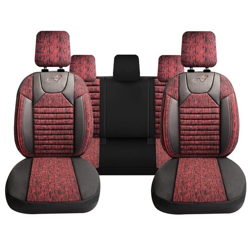 Set Huse Scaune Auto Panda Kas, material textil cu piele ecologica, cu fermoare pentru bancheta rabatabila, visiniu cu negru, 11 piese