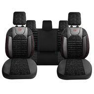 Set Huse Scaune Auto Panda Kas, material textil cu piele ecologica, cu fermoare pentru bancheta rabatabila, negru cu dungi rosii, 11 piese