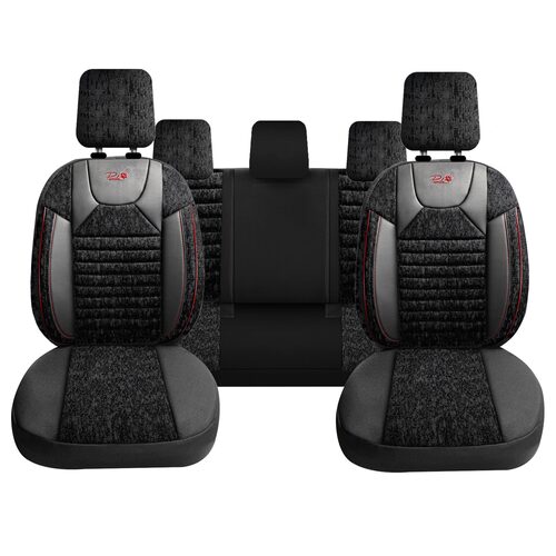 Set Huse Scaune Auto Panda Kas, material textil cu piele ecologica, cu fermoare pentru bancheta rabatabila, negru cu dungi rosii, 11 piese
