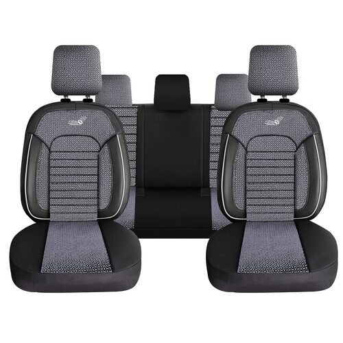 Set Huse Scaune Auto Panda Belek, material textil cu piele ecologica, cu fermoare pentru bancheta rabatabila, gri cu negru, 11 piese