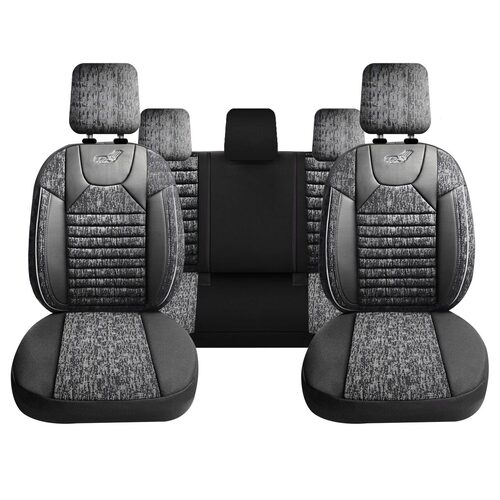 Set Huse Scaune Auto pentru Alfa Romeo 145 - Panda Kas, material textil cu piele ecologica, cu fermoare pentru bancheta rabatabila,  gri cu negru, 11 piese