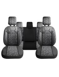 Set Huse Scaune Auto pentru Jeep Cherokee - Panda Kas, material textil cu piele ecologica, cu fermoare pentru bancheta rabatabila,  gri cu negru, 11 piese