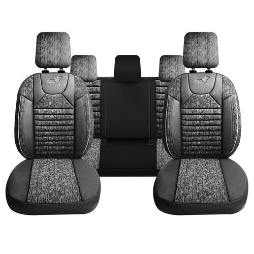 Set Huse Scaune Auto pentru Renault Modus - Panda Kas, material textil cu piele ecologica, cu fermoare pentru bancheta rabatabila,  gri cu negru, 11 piese