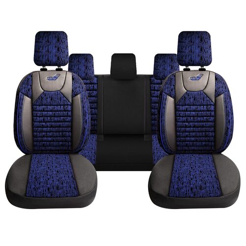 Set Huse Scaune Auto pentru Mitsubishi Outlander - Panda Kas, material textil cu piele ecologica, cu fermoare pentru bancheta rabatabila, albastru cu negru, 11 piese