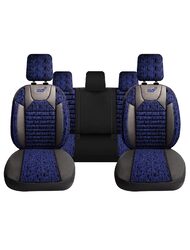 Set Huse Scaune Auto pentru Toyota Prius - Panda Kas, material textil cu piele ecologica, cu fermoare pentru bancheta rabatabila, albastru cu negru, 11 piese