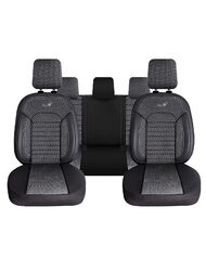 Set Huse Scaune Auto pentru Mazda CX-6 - Panda Belek, material textil cu piele ecologica, cu fermoare pentru bancheta rabatabila, gri inchis cu negru, 11 piese