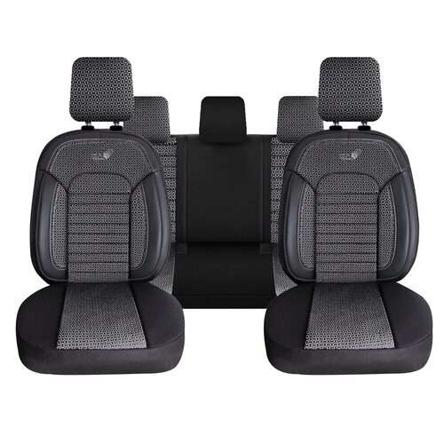 Set Huse Scaune Auto pentru Mercedes-Benz EQS - Panda Belek, material textil cu piele ecologica, cu fermoare pentru bancheta rabatabila, gri inchis cu negru, 11 piese