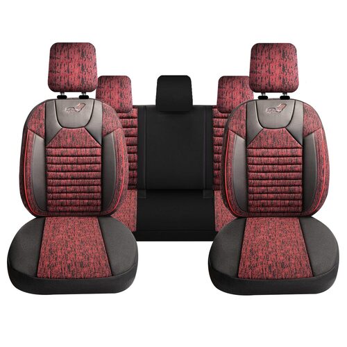 Set Huse Scaune Auto pentru Ford Focus - Panda PSC02, material textil cu piele ecologica, cu fermoare pentru bancheta rabatabila, visiniu cu negru, 11 piese