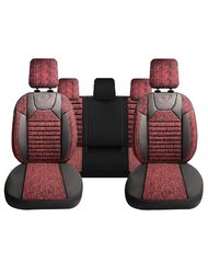 Set Huse Scaune Auto pentru Renault Fluence - Panda PSC02, material textil cu piele ecologica, cu fermoare pentru bancheta rabatabila, visiniu cu negru, 11 piese