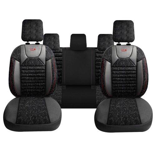 Set Huse Scaune Auto pentru Mercedes-Benz S-Class - Panda PSC02, material textil cu piele ecologica, cu fermoare pentru bancheta rabatabila, negru cu dungi rosii, 11 piese