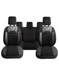 Set Huse Scaune Auto pentru Nissan X-Trail - Panda PSC02, material textil cu piele ecologica, cu fermoare pentru bancheta rabatabila, negru cu dungi rosii, 11 piese