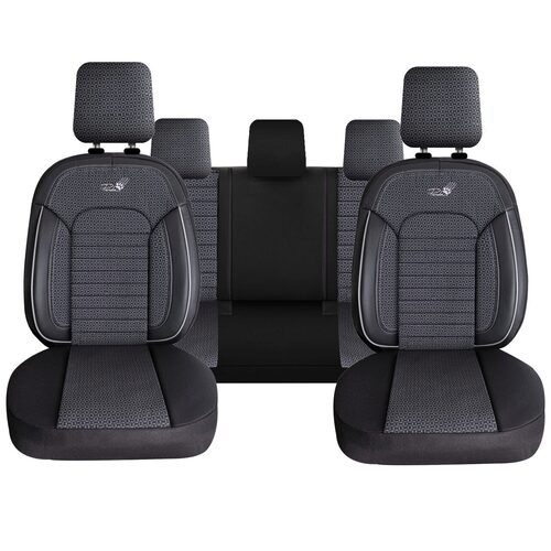 Set Huse Scaune Auto pentru Citroen C4 - Panda Belek, material textil cu piele ecologica, cu fermoare pentru bancheta rabatabila, gri cu negru, 11 piese