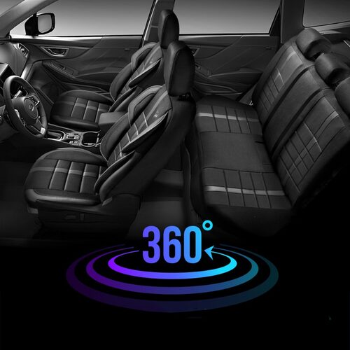 Set Huse Scaune Auto pentru Alfa Romeo 145 - Panda Uludag, material textil cu piele ecologica, cu fermoare pentru bancheta rabatabila, negru cu gri, 11 piese