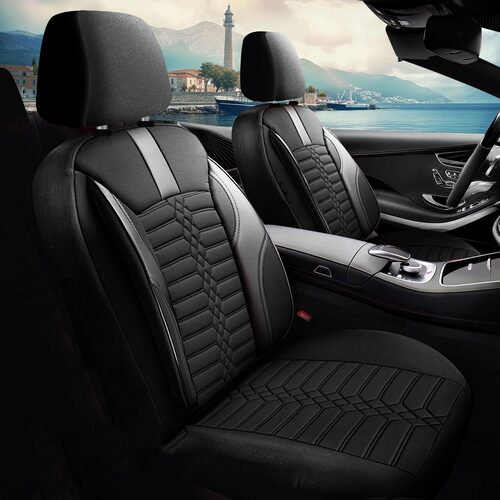 Set Huse Scaune Auto pentru Volvo XC70 - Panda Atena, material textil cu piele ecologica, cu fermoare pentru bancheta rabatabila, negru cu gri, 11 piese
