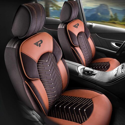 Set Huse Scaune Auto Panda Dubai, material textil cu piele ecologica, cu fermoare pentru bancheta rabatabila, negru maro, 11 piese