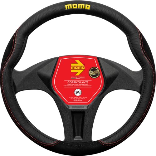 Husa volan Momo Comfort, microfibra, negru cu cusatura rosie