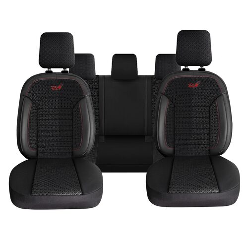 Set Huse Scaune Auto Panda Belek, material textil cu piele ecologica, cu fermoare pentru bancheta rabatabila, negru cu insertii rosii, 11 piese