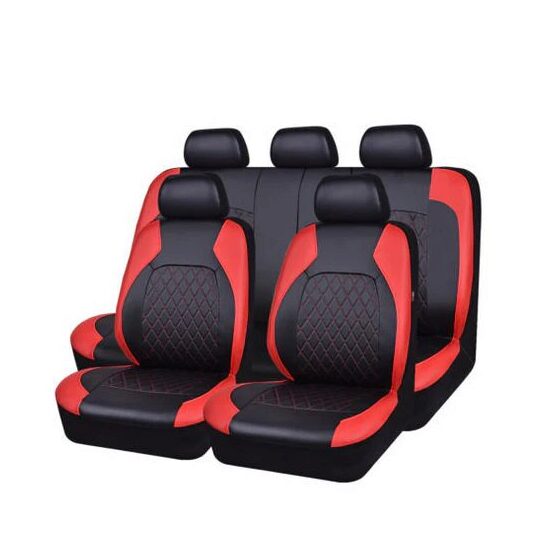 Set Huse Scaune Auto pentru Volvo V40 - RoGroup Roma, piele ecologica, cu fermoare pentru bancheta rabatabila, rosu cu negru, 9 piese