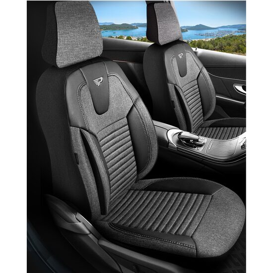 Set Huse Scaune Auto Panda Erdek, cu fermoare pentru bancheta rabatabila, gri deschis negru, 11 piese