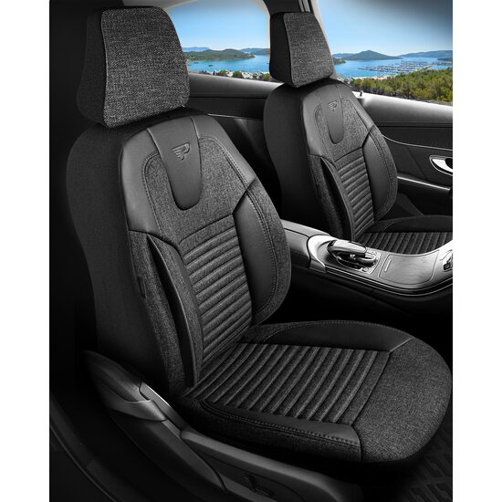 Set Huse Scaune Auto Panda Erdek, cu fermoare pentru bancheta rabatabila, gri inchis negru, 11 piese