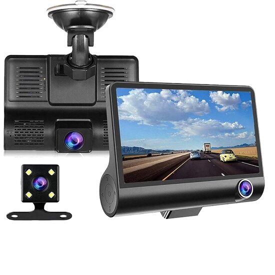 Camera auto DVR tripla, FullHD 1080P, inregistrare fata, interior si spate, display 4",  Night Vision, inregistrare in bucla, unghi 170 grade, senzor miscare, alimentare bricheta auto