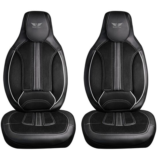 Set 2 Huse Scaune Fata Auto, Ergonomice, Panda, compatibile cu tetiere incorporate- monobloc, tip alcantara si piele ecologica, negru cu cusatura gri