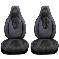 Set 2 Huse Scaune Fata Auto pentru Seat Mii - Panda, compatibile cu tetiere incorporate-monobloc, material textil si piele ecologica, gri petrol-negru