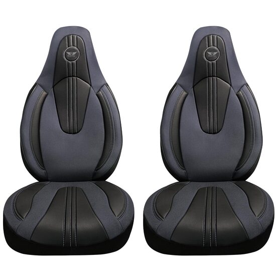 Set 2 Huse Scaune Fata Auto pentru Peugeot 108 - Panda, compatibile cu tetiere incorporate-monobloc, material textil si piele ecologica, gri petrol-negru