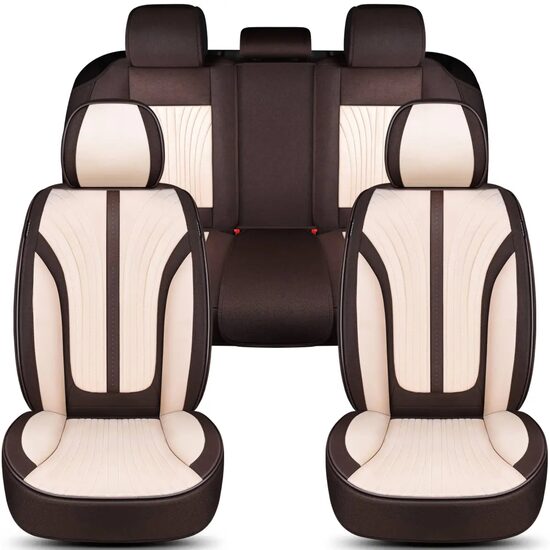 Set huse scaune auto Bremer Sitzbezuge, material textil in si velur microfibra, compatibil tetiere detasabile, maro cu bej, 15 piese