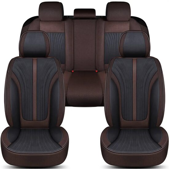 Set huse scaune auto Bremer Sitzbezuge, material textil in si velur microfibra, compatibil tetiere detasabile, maro cu negru, 15 piese