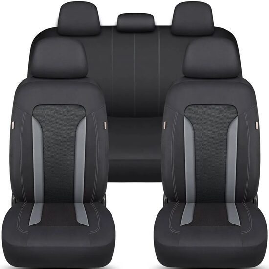 Set huse scaune auto Bremer Sitzbezuge, material textil respirabil, cu fermoare pentru bancheta rabatabila, negru cu gri, 11 piese