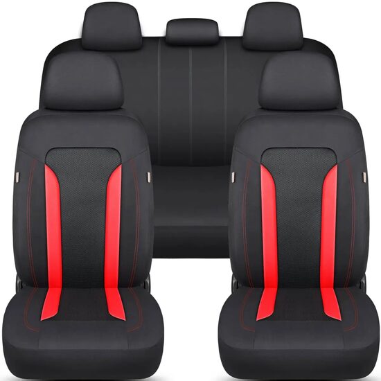 Set huse scaune auto Bremer Sitzbezuge, material textil respirabil, cu fermoare pentru bancheta rabatabila, negru cu rosu, 11 piese