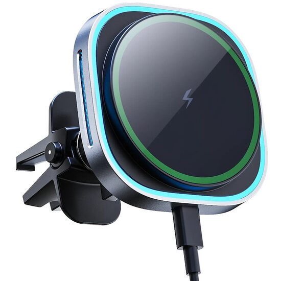 Suport telefon auto magnetic cu incarcare wireless 15W, fixare grila ventilatie, indicator LED, compatibil MagSafe, negru