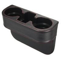 Organizator auto cu suport pahare si compartimente pentru depozitare telefon si diverse obiecte mici din piele naturala, negru cu cusatura rosie