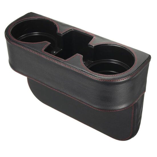 Organizator auto cu suport pahare si compartimente pentru depozitare telefon si diverse obiecte mici din piele naturala, negru cu cusatura rosie