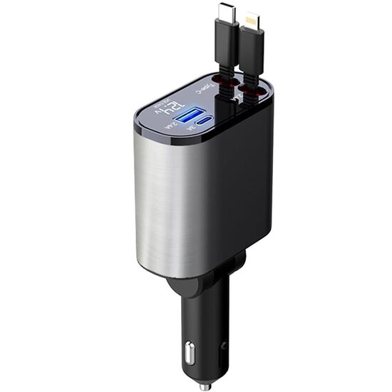 Incarcator auto rapid 4in1 Super Fast Charge 120W, USB + USB-C + cablu retractabil iOS/Android/Type-C, display LED, rotire 180°, corp aluminiu