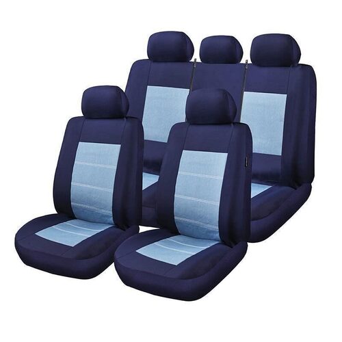 Set Huse Scaune Auto pentru BMW I3 - RoGroup Blue Jeans, cu fermoare pentru bancheta rabatabila, 9 piese